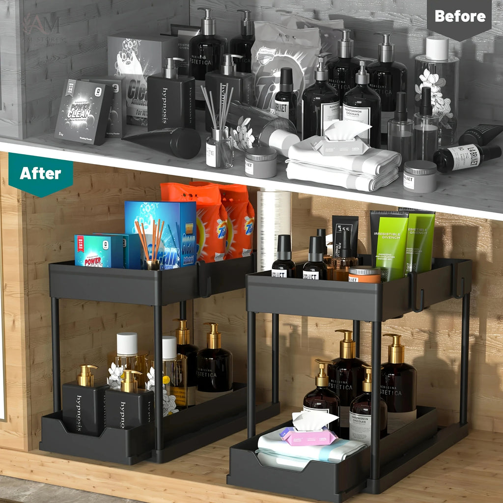 2-Tier Sliding Under-Sink Organizer with Hooks