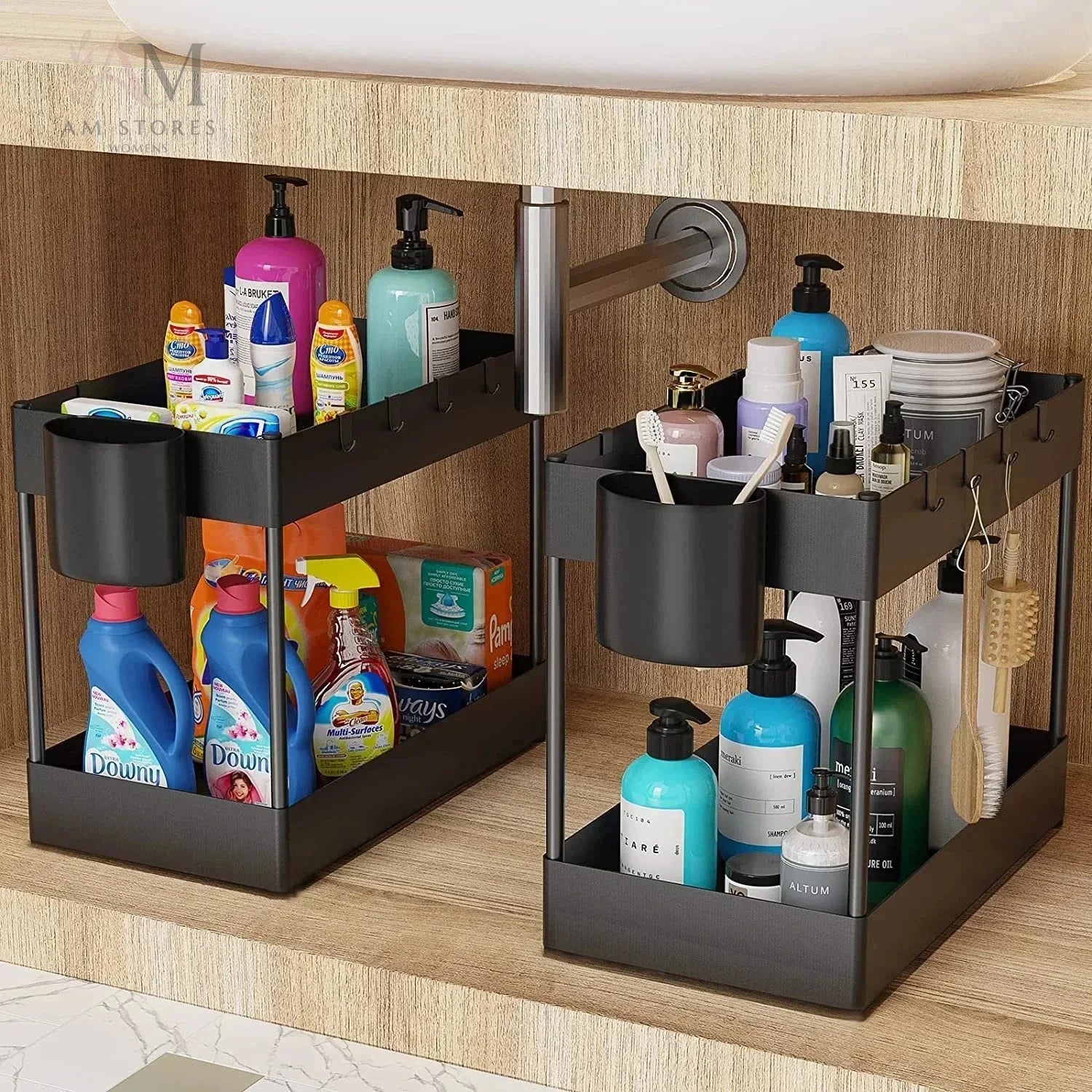 2-Tier Sliding Under-Sink Organizer with Hooks