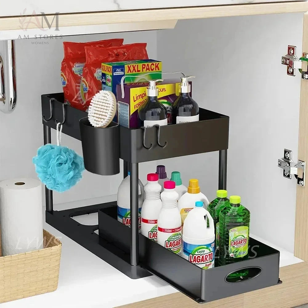 2-Tier Sliding Under-Sink Organizer with Hooks