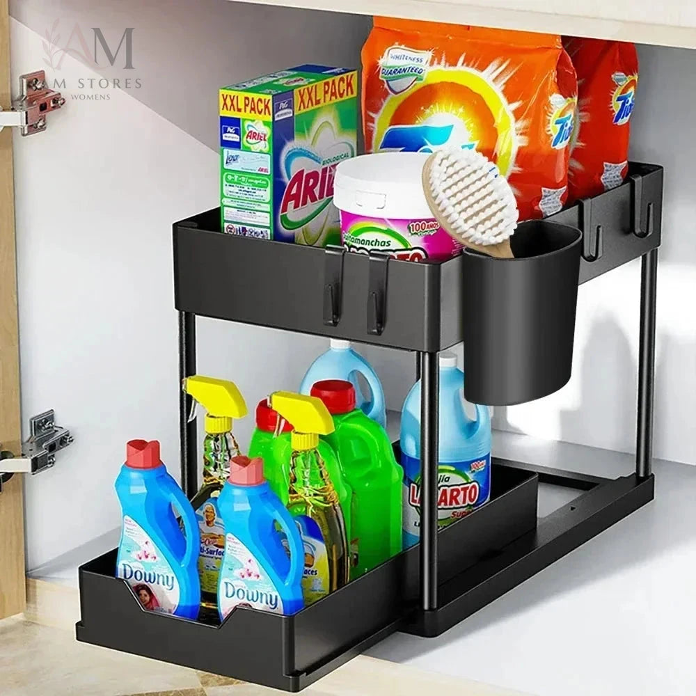 2-Tier Sliding Under-Sink Organizer with Hooks