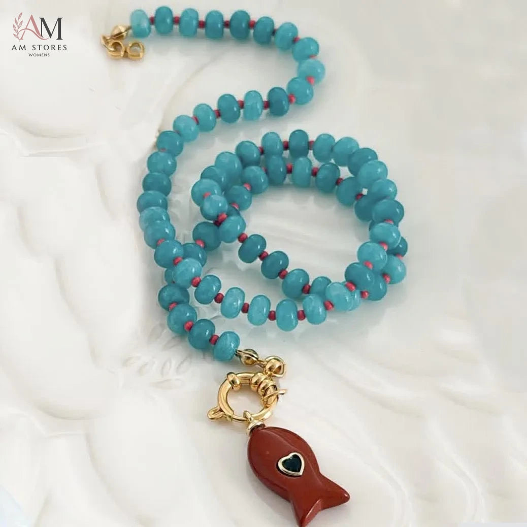 Bohemian Natural Stone Fish Pendant Beaded Necklace - view 11