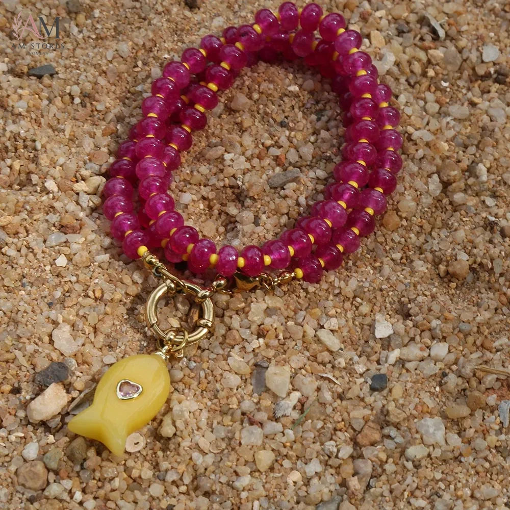Bohemian Natural Stone Fish Pendant Beaded Necklace - view 9
