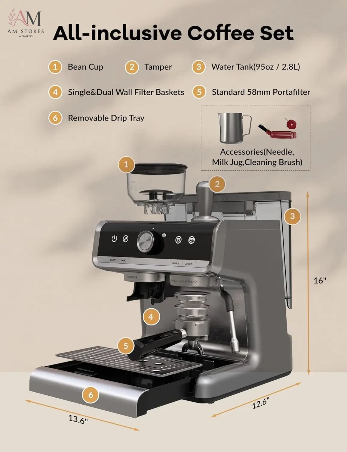 20-Bar 1450W Espresso Machine with Built-In Grinder - view 3
