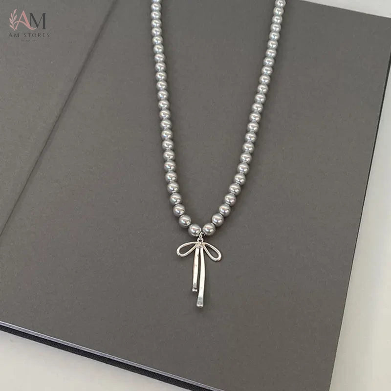 Bowknot Choker Necklace with Gray Pearls - view 2