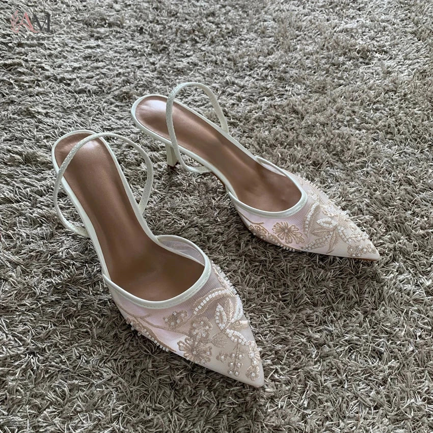 Women's Embroidered Mesh Pointed-Toe Slingback Heels - view 1