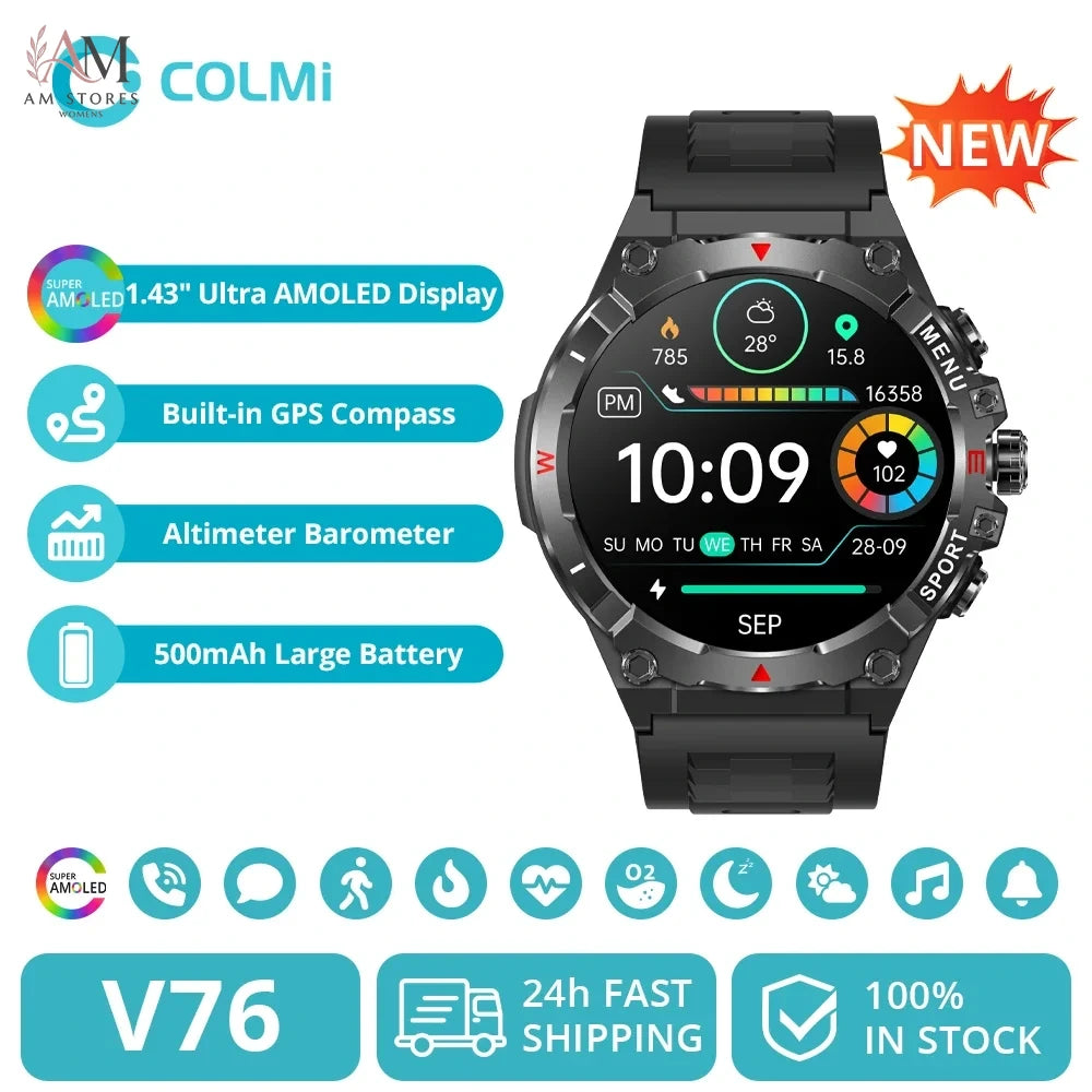 2025 COLMI V76 GPS Smartwatch 1.43" Ultra AMOLED Display Built-in Compass Altimeter Bluetooth Call Smart Watch 500mAh Battery