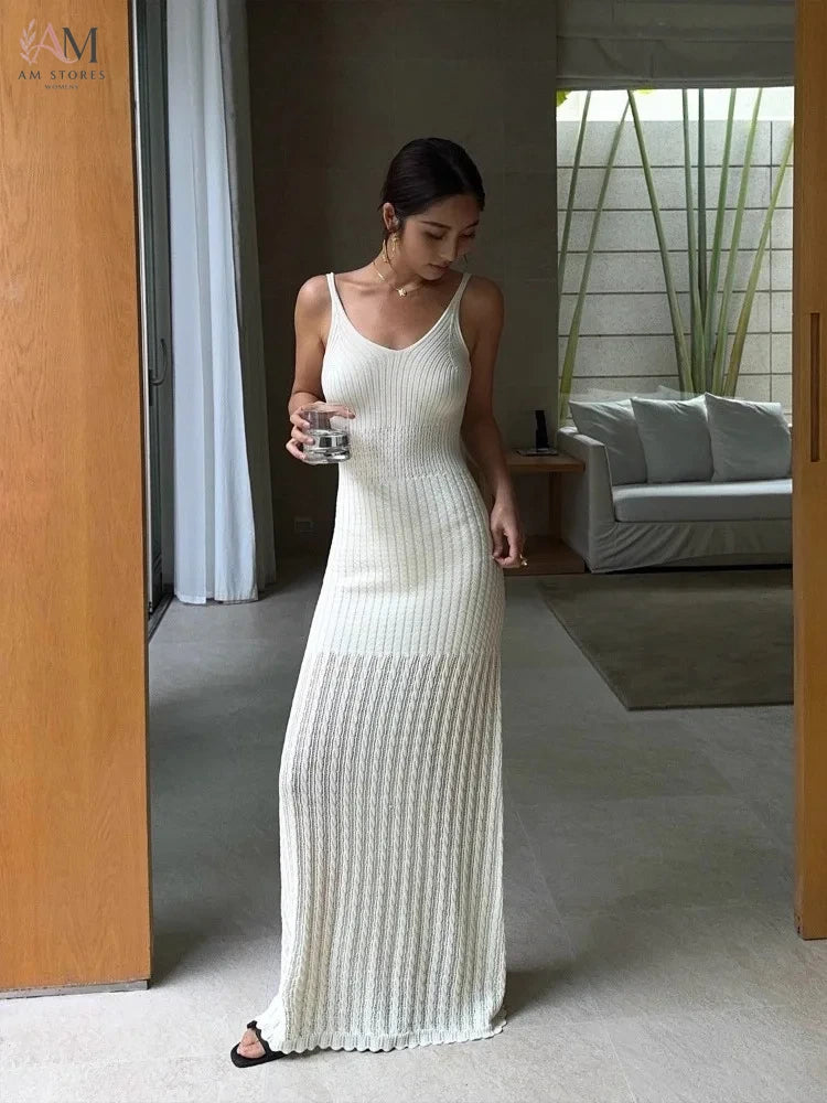 2026 Summer Fashion New Women's Design Knitted Long Skirt Vacation Style Strap Sunscreen Slimming Hollow Dress