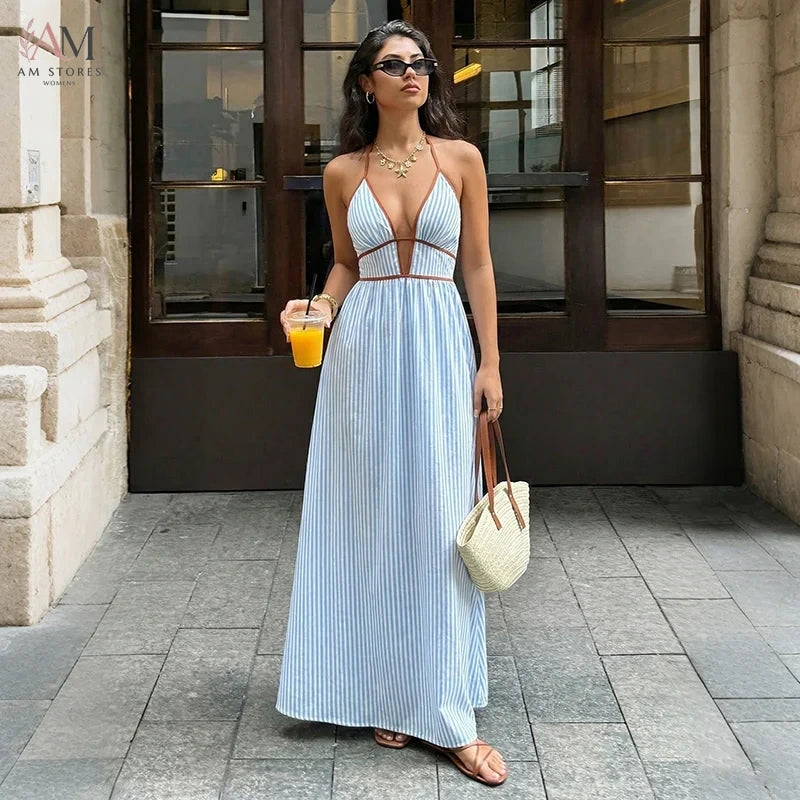2026 Summer New Style Deep V-neck Striped Beach Dress, Sexy Backless Sleeveless Neckline Long Dress