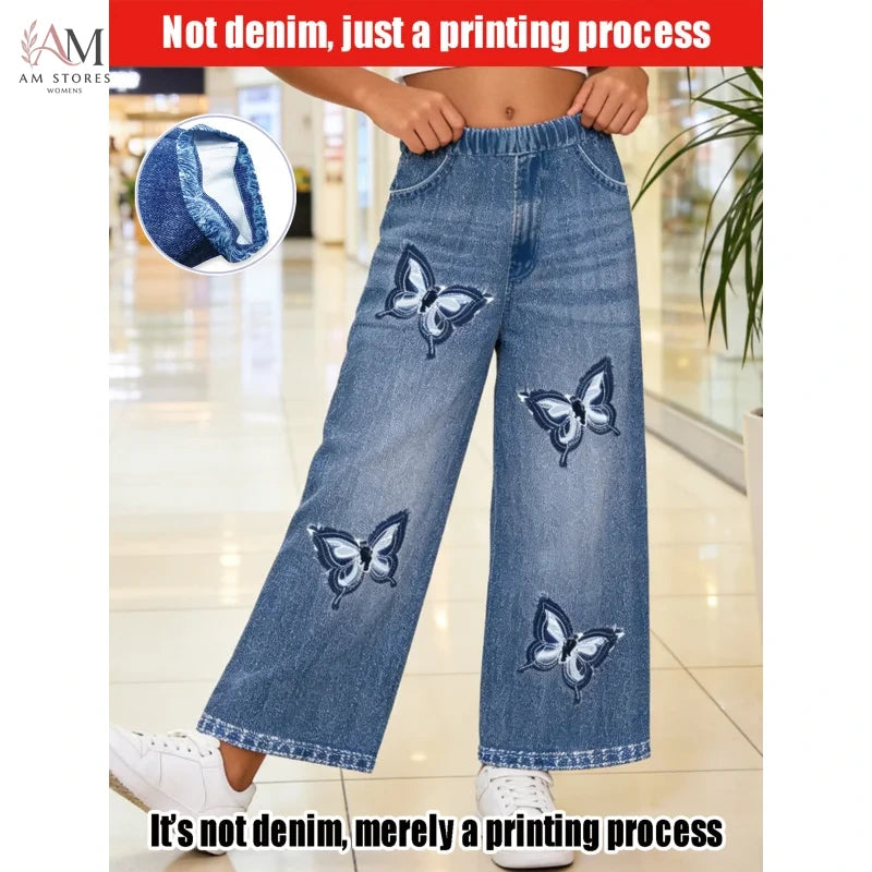 2026Children's Butterfly Embroidered Dark Blue Imitation Denim Straight Pants