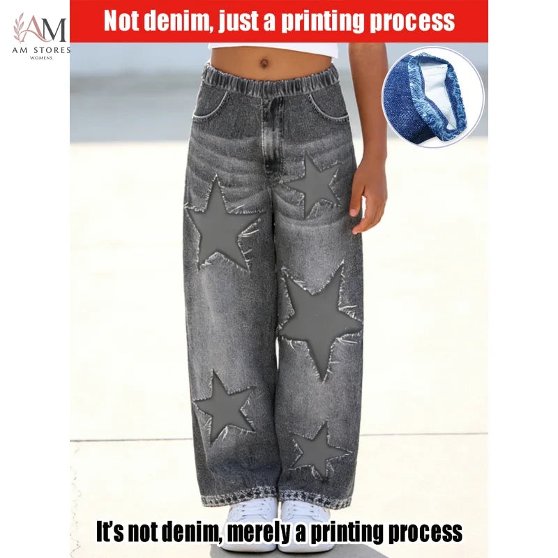 2026Children's Star Distressed Black and Gray Faux Denim Straight Pants