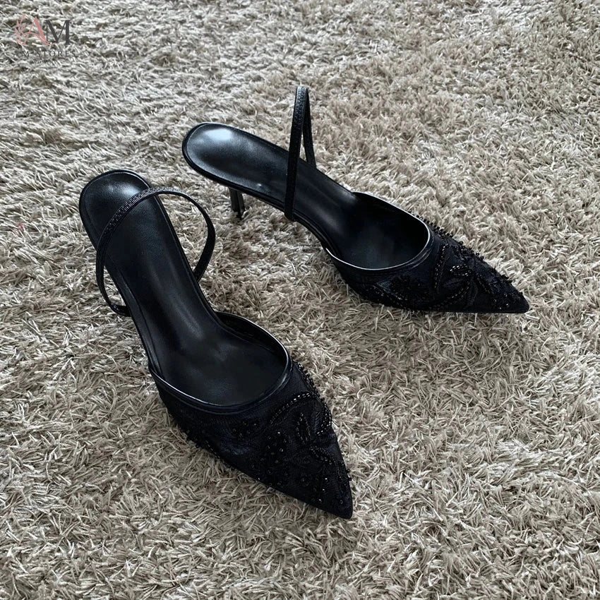Women's Embroidered Mesh Pointed-Toe Slingback Heels - view 7