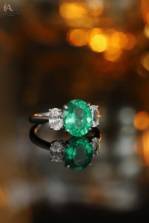 3-Stone Lab-Grown Emerald Engagement Ring in 925 Silver - view 2