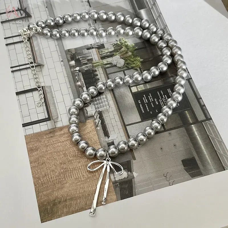 Bowknot Choker Necklace with Gray Pearls - view 4