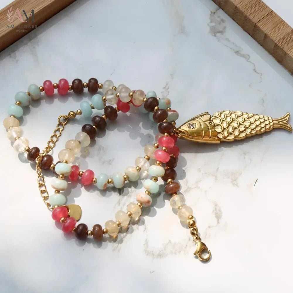 Bohemian Natural Stone Fish Pendant Necklace - view 12