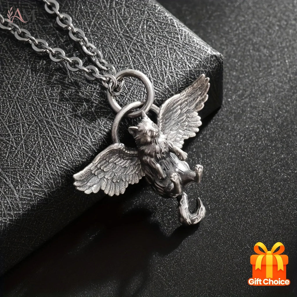 Cat & Wing Pendant Necklace - view 1