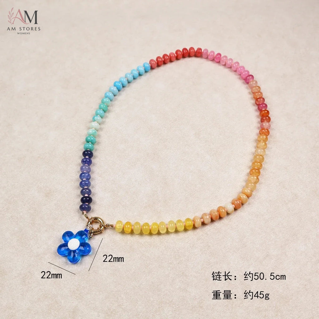 Rainbow Flower Beaded Pendant Necklace - view 2