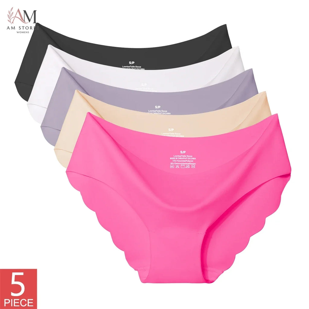 5PCS Women's Summer Ultra-Thin Ice Silk Underwear Seamless Comfort Large Size Briefs Solid Color Wave Underpants Female Lingere