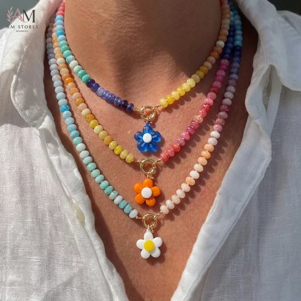 Rainbow Flower Beaded Pendant Necklace - view 4