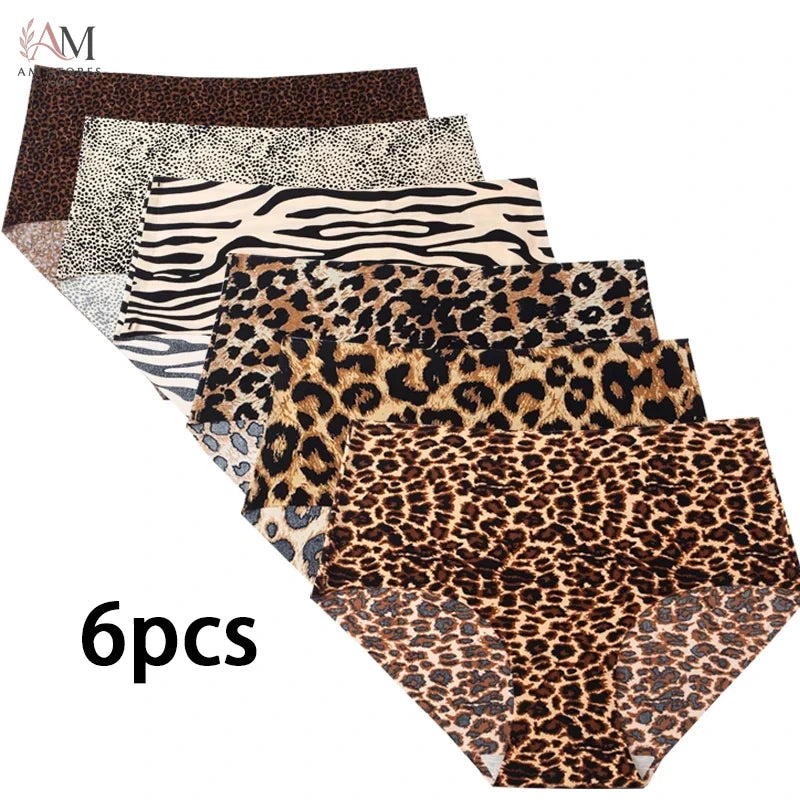 6pcs Women's Seamless Ice Silk Panties Female Mid Waist Plus Size Leopard Print Underwear Girls Fashion Brief Lady Comfort Panty