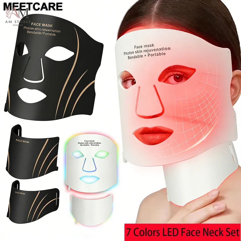 7 Colors LED Face Neck Set Mask Red Light Skin Rejuvenation Brighten Soft Silicone Facial Photon Therapy Flexible Skin Repair