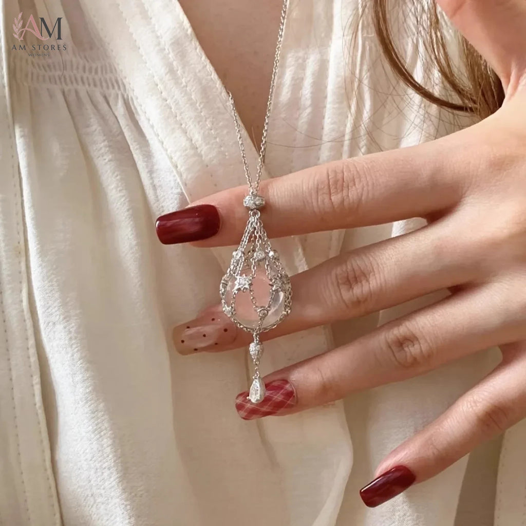White Crystal Starry Mesh Pendant Necklace - view 3