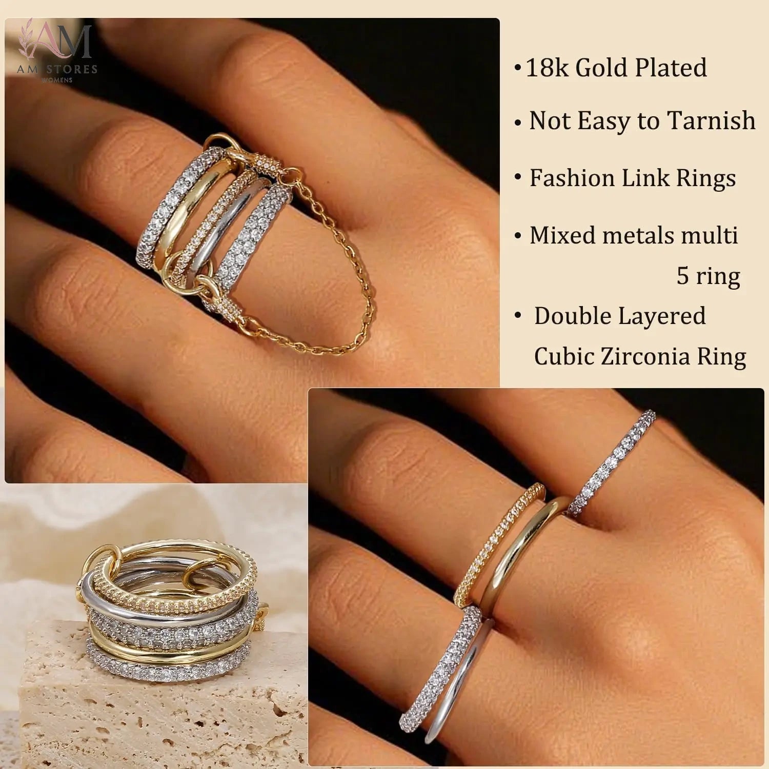 5-Piece Gold-Plated Cubic Zirconia Interlocking Ring Set - view 5