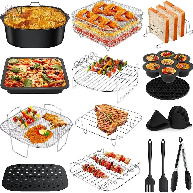 8 Inch Air Fryer Accessories Square Airfryer Grill Skewer Rack Holder Oven Cake Baking Pan For 5.5L COSORI Ninja Philips Basket