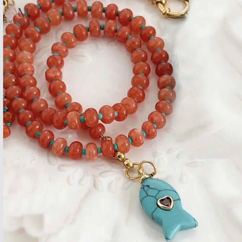 Bohemian Natural Stone Fish Pendant Beaded Necklace - view 7