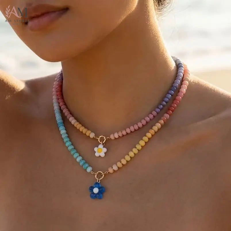 Rainbow Flower Beaded Pendant Necklace - view 1