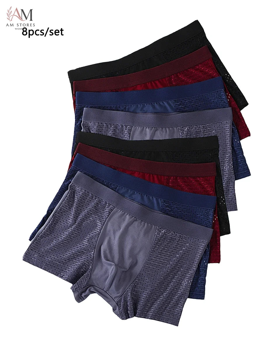 8pcs/set Men's Underwear Ice Silk Mesh Men Panties Breathable Traceless  Fashion Panties Male Solid Color Boxer Shorts