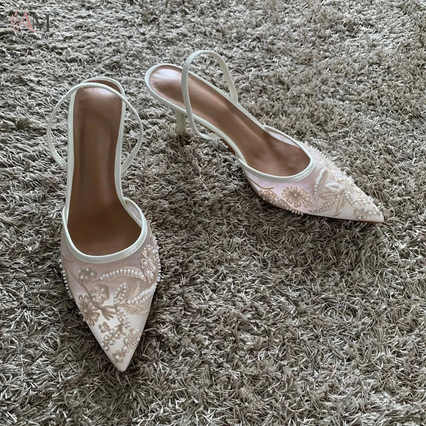 Women's Embroidered Mesh Pointed-Toe Slingback Heels - view 6