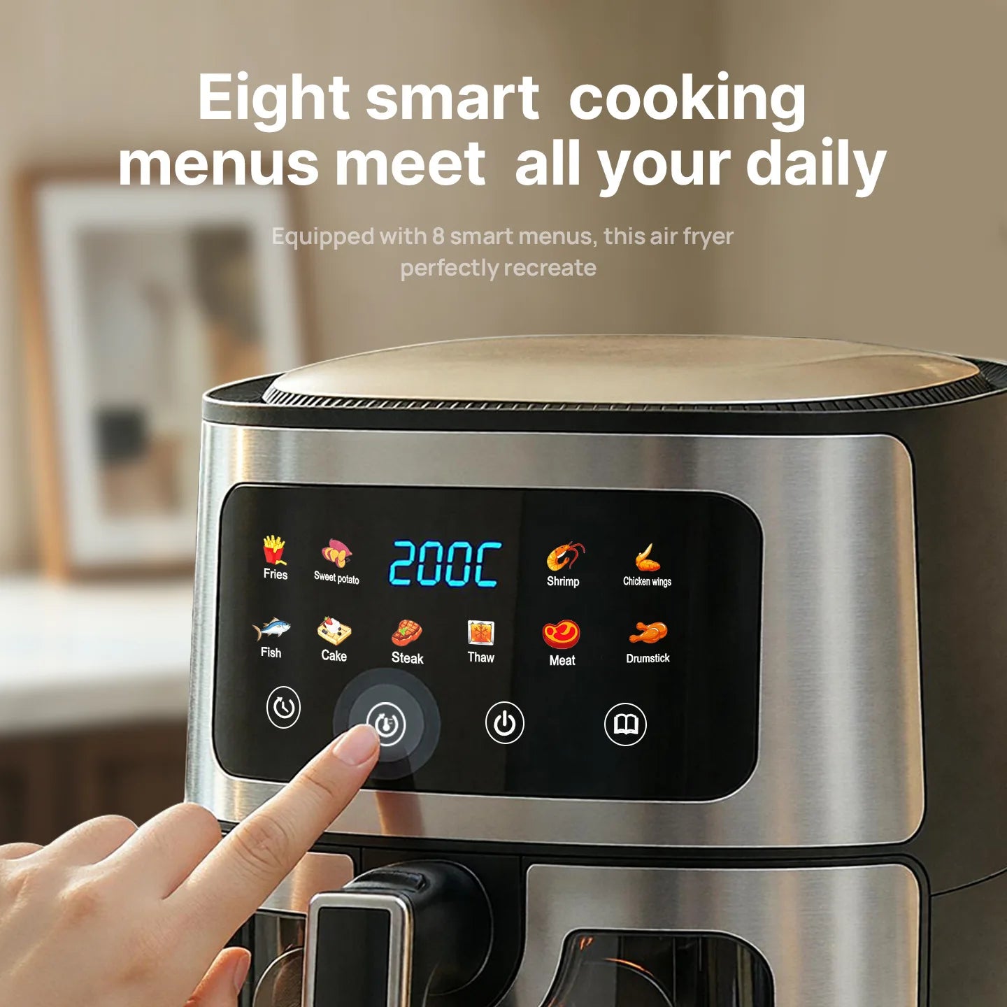 8L Large Air Fryer with Visible Window Digital Touchscreen 8 Presets Stainless Steel Oil-Free Healthy Cooker for Home Kitchen