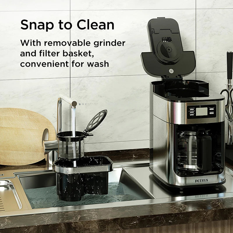 Petrus Automactic Coffee Machine Drip Coffee Maker Stainless Steel 10-cup With Built-In Grinder and Brew Strength Control 66