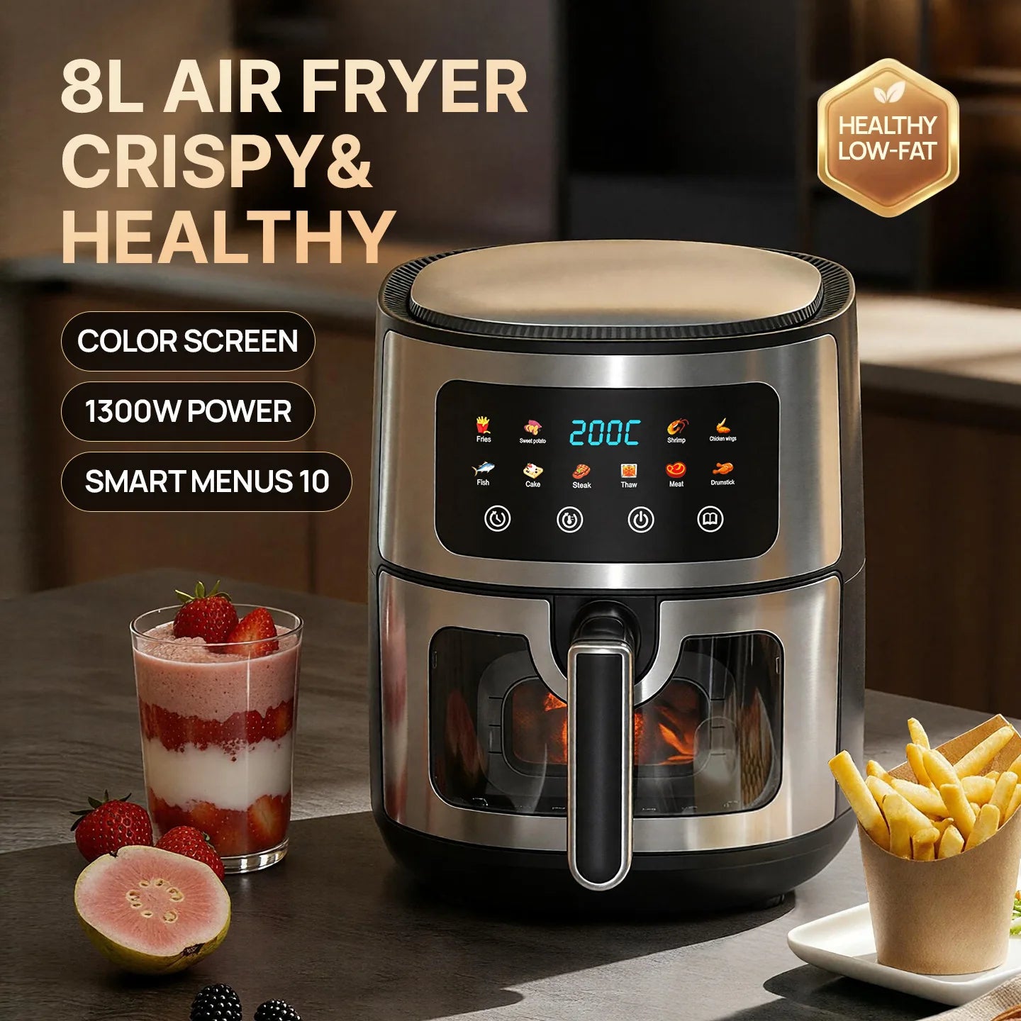 8L Large Air Fryer with Visible Window Digital Touchscreen 8 Presets Stainless Steel Oil-Free Healthy Cooker for Home Kitchen