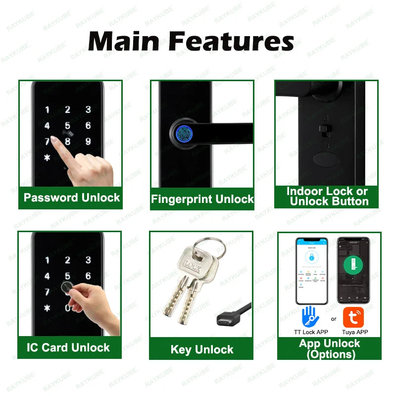 RAYKUBE K8 Smart Door Lock TTlock Bluetooth / Tuya Wifi Fingerprint Password 13.56MHZ IC Card Keyless Smartlife Home