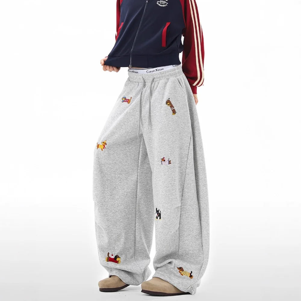 Women's Sausage Dog Embroidered Fashion Loose Trousers 2026 Summer New High Street Casual Pants Comfortable Straight Sweatpants