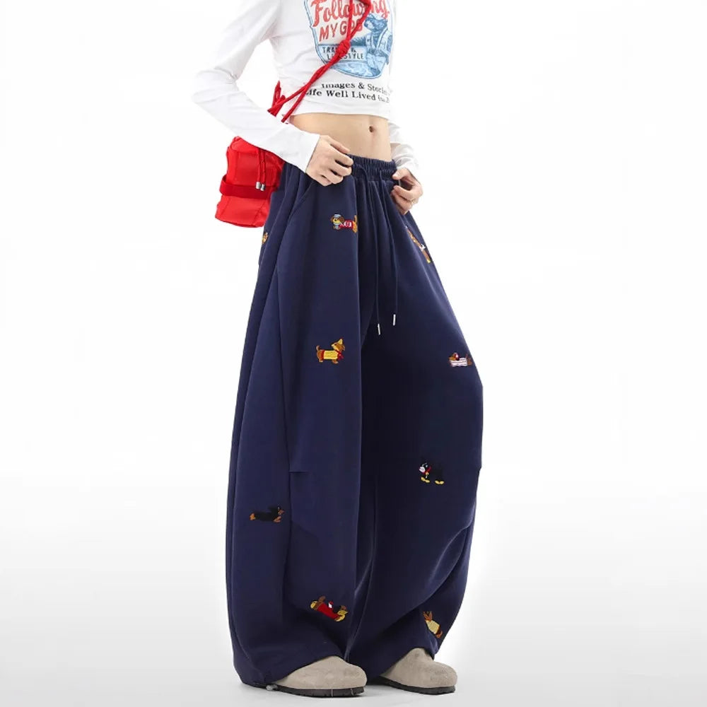 Women's Sausage Dog Embroidered Fashion Loose Trousers 2026 Summer New High Street Casual Pants Comfortable Straight Sweatpants