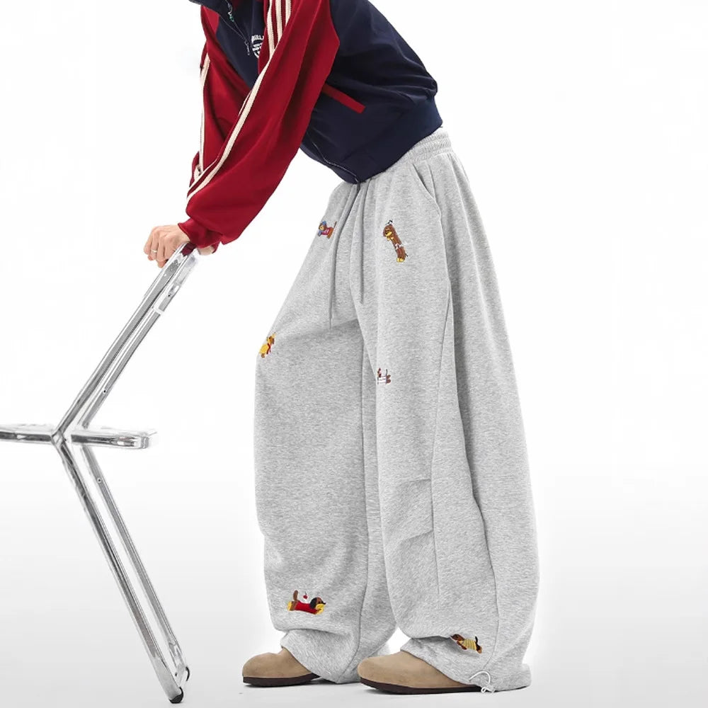 Women's Sausage Dog Embroidered Fashion Loose Trousers 2026 Summer New High Street Casual Pants Comfortable Straight Sweatpants