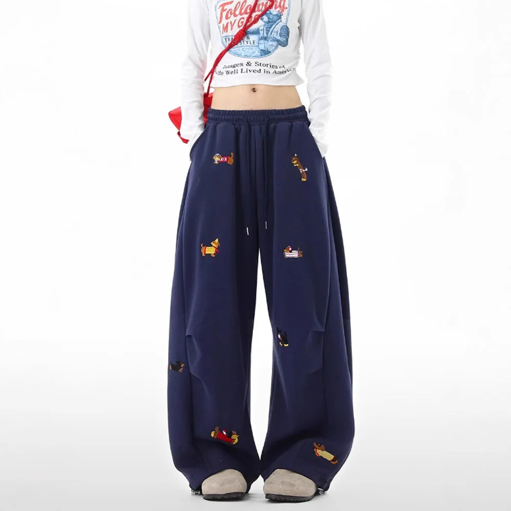 Women's Sausage Dog Embroidered Fashion Loose Trousers 2026 Summer New High Street Casual Pants Comfortable Straight Sweatpants