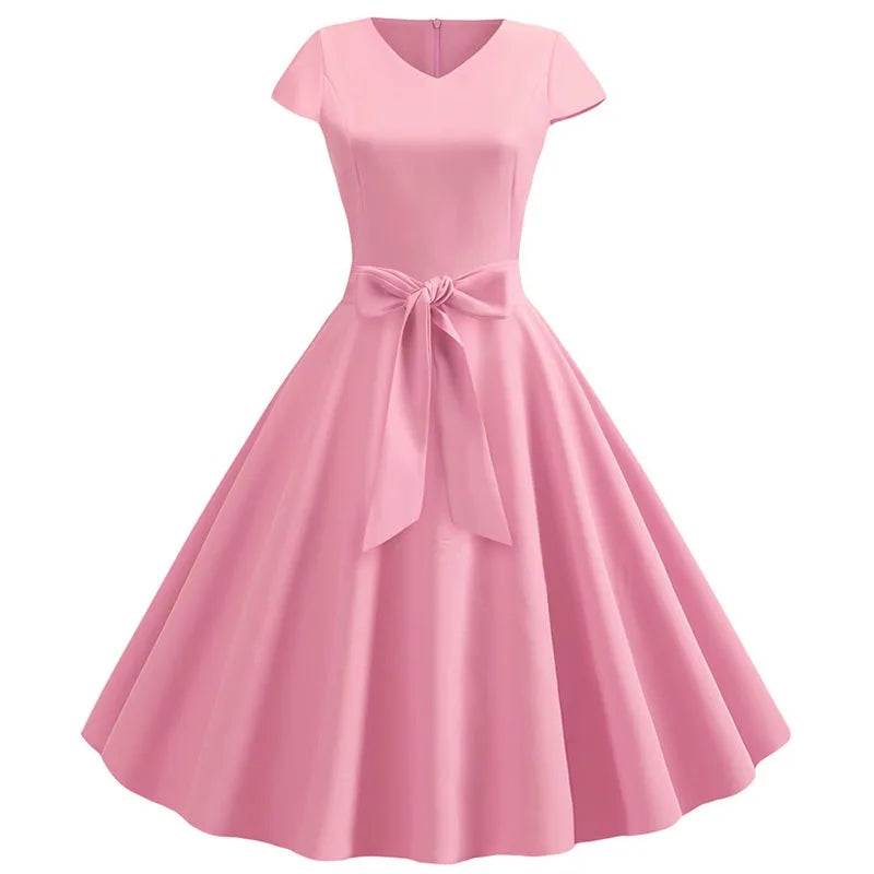 Women Summer Vintage Dress With Belt Short Sleeve V neck Elegant Retro Swing Party Dresses