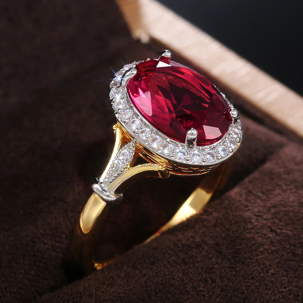 Huitan Big Oval Shaped Rose Red Cubic Zirconia Women Rings Luxury Ladies Jewelry for Party Best Mother's Gift Brilliant CZ Rings