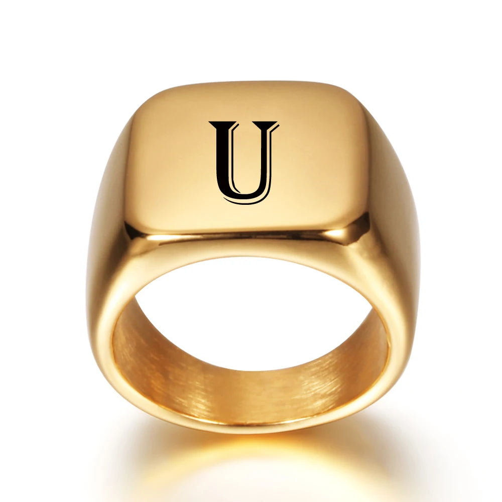Personalised Initial Engrave A to Z Alphabet Stainless Steel Signet Blank Plain Ring Band High Polished Gold Color Tone U.S.Size