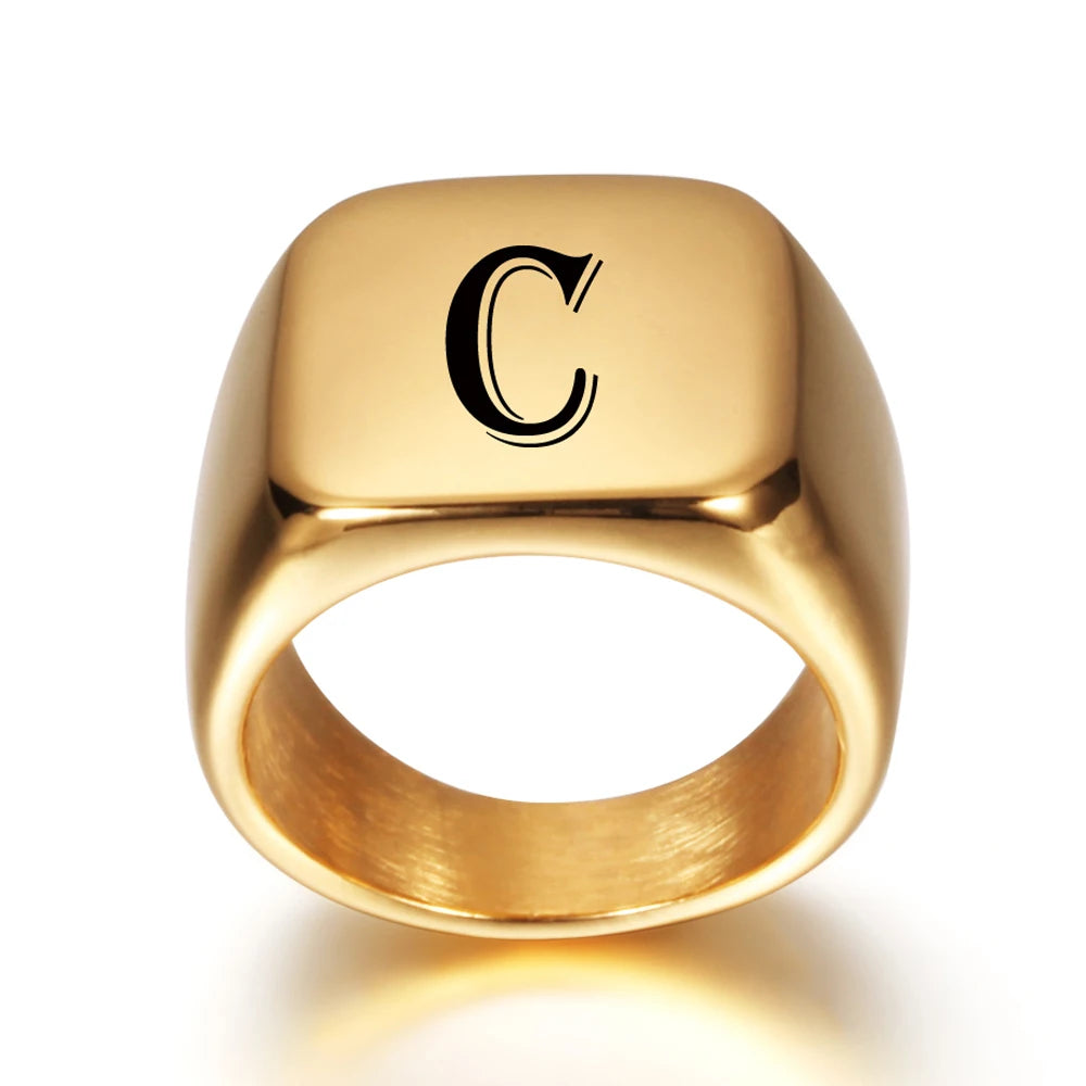 Personalised Initial Engrave A to Z Alphabet Stainless Steel Signet Blank Plain Ring Band High Polished Gold Color Tone U.S.Size