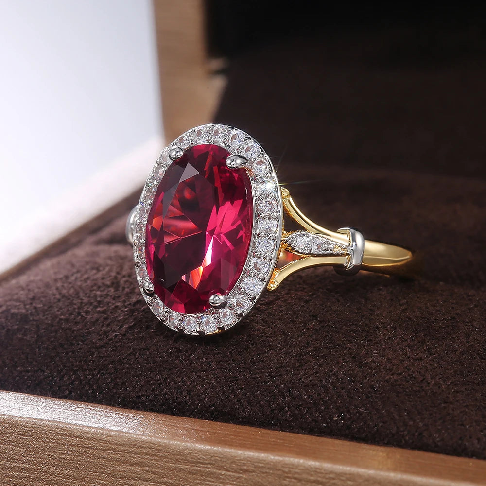 Huitan Big Oval Shaped Rose Red Cubic Zirconia Women Rings Luxury Ladies Jewelry for Party Best Mother's Gift Brilliant CZ Rings