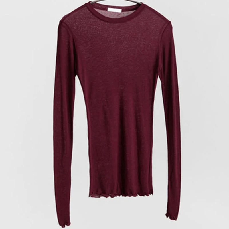 High Quality Plain T Shirt Women  Elastic Basic T-shirts Female Casual Tops Long Sleeve Sexy Thin T-shirt see through