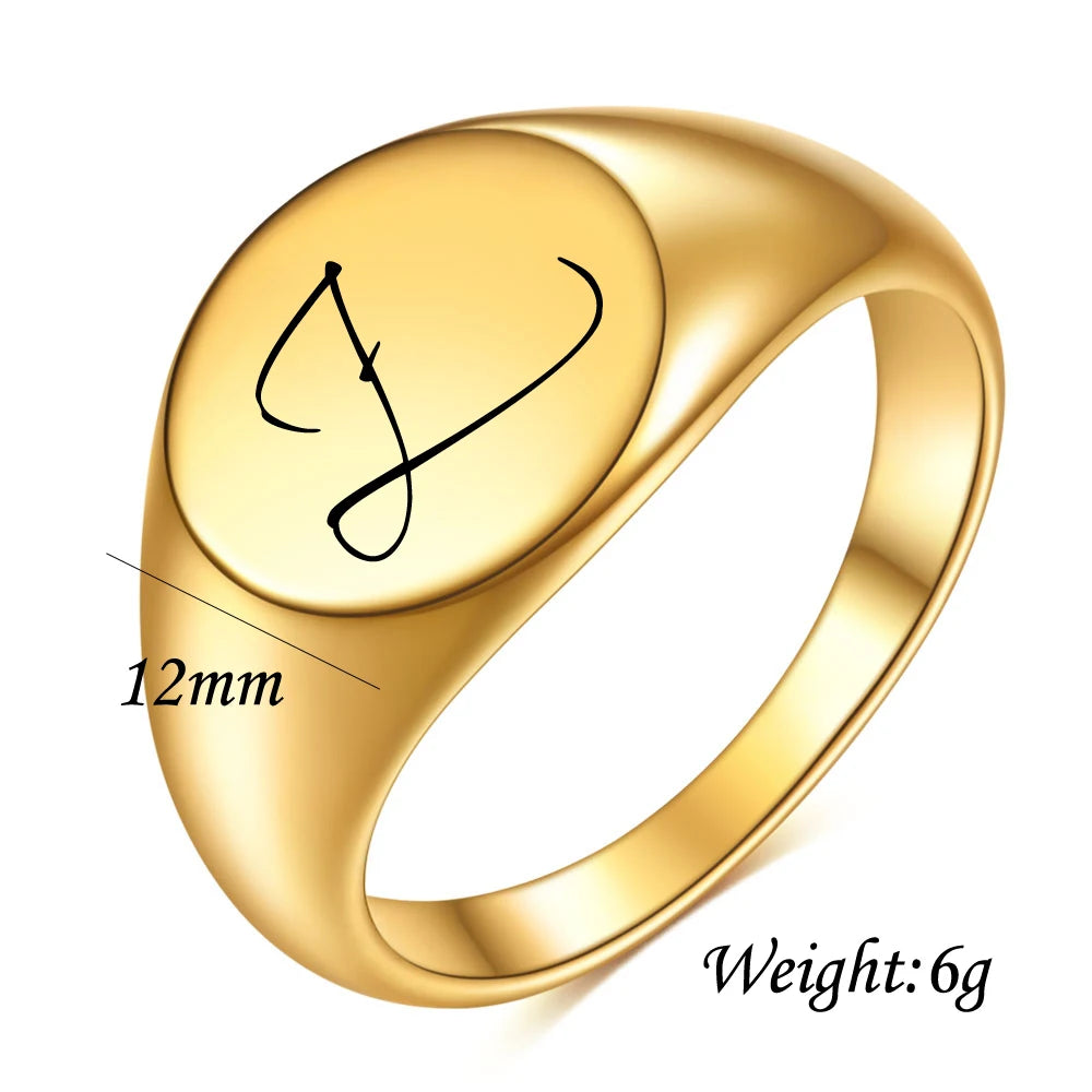 Customized Women  Initial Letter Stamp Signet Ring Chunky Round Top Stainless Steel Bague Fashion Jewelry Wholesale