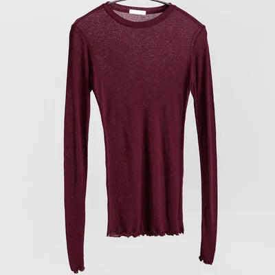 High Quality Plain T Shirt Women  Elastic Basic T-shirts Female Casual Tops Long Sleeve Sexy Thin T-shirt see through