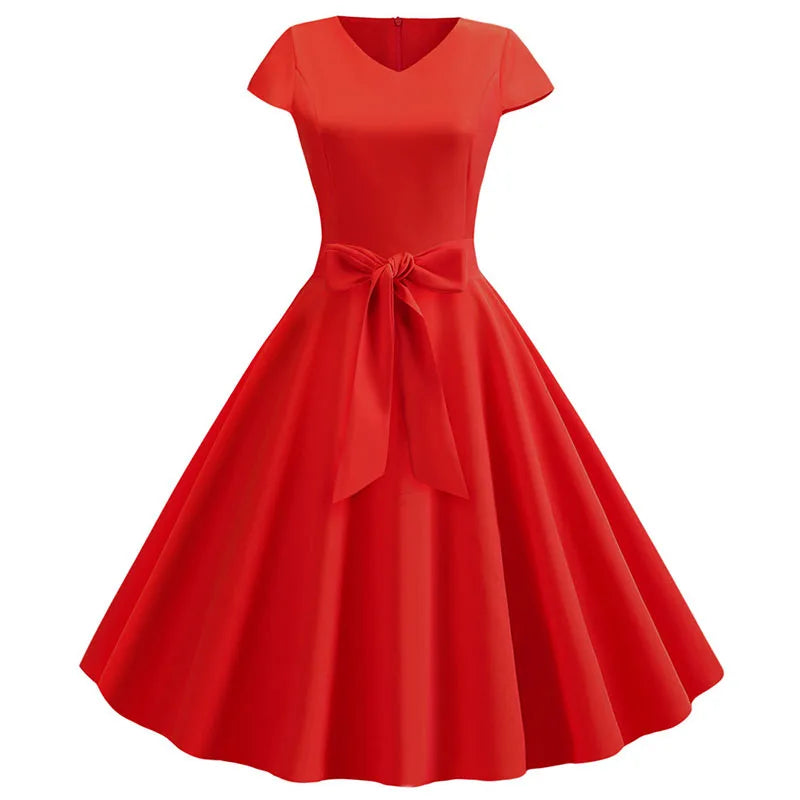 Women Summer Vintage Dress With Belt Short Sleeve V neck Elegant Retro Swing Party Dresses