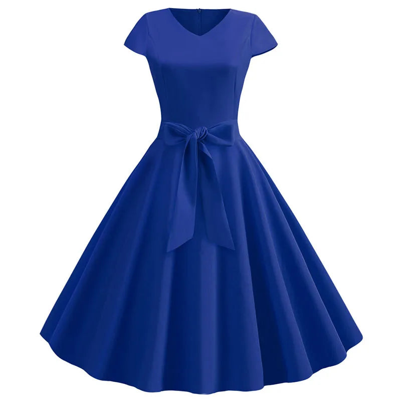 Women Summer Vintage Dress With Belt Short Sleeve V neck Elegant Retro Swing Party Dresses