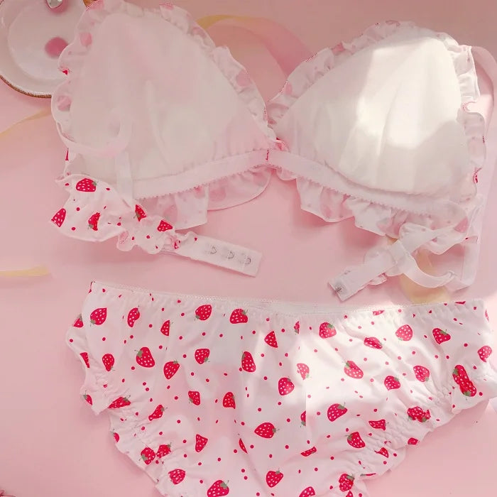 Strawberry / Print Japanese Milk Silk Bra & Panties Set Wirefree Soft Underwear Intimates Set Kawaii Lolita Bra and Panty Set